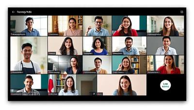 A vibrant virtual language exchange session on the Lingo Exchange Hub platform, featuring participants from different cultural backgrounds engaging in language practice and cultural sharing via video calls, creating a dynamic and enriching learning environment.