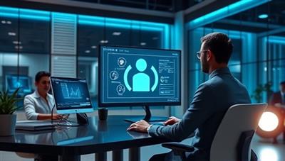 A futuristic office setting with a virtual assistant hologram providing tax advice to a client through a digital interface, showcasing the advanced and innovative nature of the AI-powered service.