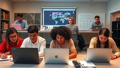 A diverse group of students engaging in a virtual study session, each on their laptops, sharing notes and discussing academic topics in a digital study room environment.