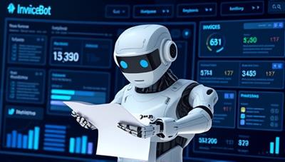 A futuristic depiction of InvoiceBot as a robotic arm processing digital invoices with precision and speed, surrounded by a digital interface displaying automated workflows and payment notifications, symbolizing efficiency and automation in invoicing processes.