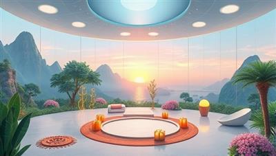 An enchanting digital illustration of a serene virtual wellness retreat setting, featuring tranquil nature scenes, calming meditation spaces, and soothing wellness activities, evoking a sense of peace and rejuvenation in a virtual sanctuary.