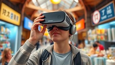 An individual wearing a VR headset engaging with a virtual language tutor in a bustling marketplace, surrounded by interactive language learning tools and visuals, illustrating an immersive and dynamic learning environment.