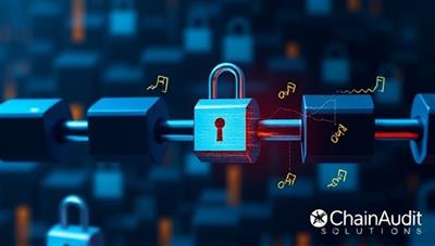 An artistic representation of interconnected blockchain blocks forming a secure chain, overlaid with financial data and audit symbols, symbolizing the blockchain-based accounting audits provided by ChainAudit Solutions.