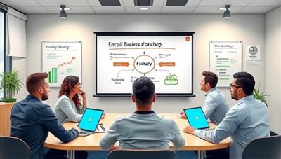 An artistic depiction of a virtual financial planning workshop with small business owners engaging in discussions on financial strategies and goal setting, with virtual whiteboards displaying key financial concepts and interactive polls, fostering a collaborative and educational environment.