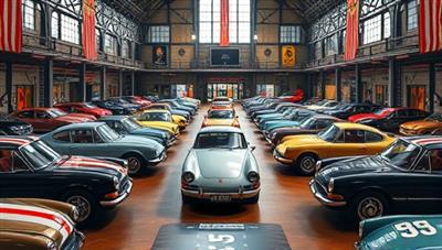 An artistic representation of a digital auction hall filled with classic cars from different eras, with vintage aesthetics and a modern online bidding interface, capturing the essence of the platform's unique offering.