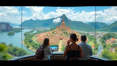 An enchanting virtual tour setting with a panoramic view of a scenic destination, interactive elements for users to engage with, and a guide leading a group of virtual travelers on a cultural exploration, inspiring wanderlust and curiosity.