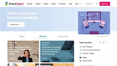 An engaging and informative online learning platform interface showcasing various insurance courses, quizzes, and resources, inviting users to explore and expand their insurance knowledge with InsureLearn Hub.
