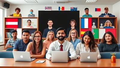 A vibrant and multicultural online classroom environment with avatars representing users from different countries engaging in language exchange activities, virtual cultural events, and interactive lessons, fostering a sense of global connectivity and learning diversity.