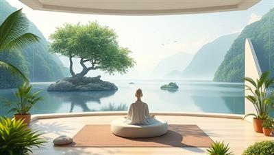 A serene and peaceful digital oasis within MindSerenity Oasis, featuring virtual nature scenes, meditation spaces, and calming retreat activities, creating a soothing and rejuvenating environment for mental wellness and self-care exploration.