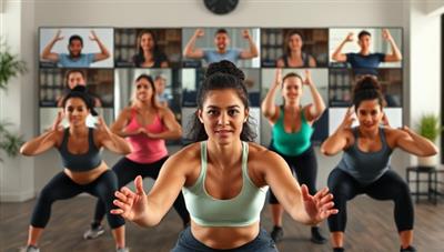An energetic and dynamic virtual workout session with diverse participants following a fitness trainer's lead in a live streaming class, showcasing the community spirit, motivation, and energy of the FitFusion Tribe coaching platform, inspiring individuals to stay active and healthy.