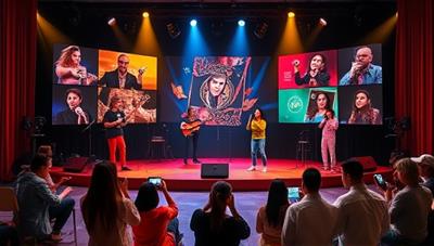 An artistic showcase featuring a diverse array of talents such as musicians, dancers, visual artists, and performers displayed on a virtual stage with a global audience tuning in from various devices, creating a vibrant and dynamic virtual talent community.