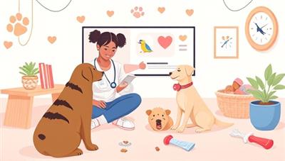 A heartwarming digital illustration of a virtual pet training session, featuring an animal behaviorist demonstrating positive training techniques to a client's pet through a virtual platform, surrounded by pet toys, treats, and training props, fostering a harmonious and loving bond between pets and their owners.
