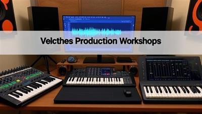 A digital studio setup featuring music production equipment, MIDI controllers, and audio interfaces, with a virtual mixing console and sound waves visualized on a screen, showcasing the creative and technical aspects of music production workshops at SoundCraftAcademy.