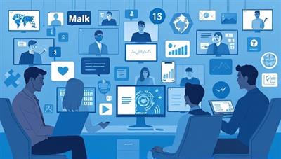 An artistic representation showcasing diverse remote workers collaborating virtually on industry-specific projects, with digital devices displaying specialized skills and creative elements, symbolizing the unique and collaborative environment facilitated by RemoteSkill Match's niche recruitment platform.