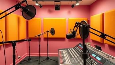 A vibrant studio setup with professional microphones, soundproofing panels, and a mixing console, creating an inviting and creative space for podcasters to record their episodes.