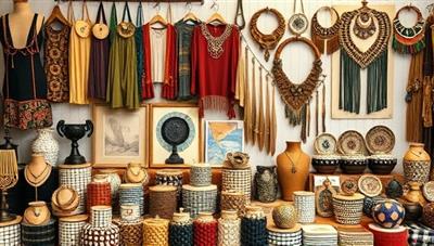 An artistic marketplace display featuring a diverse array of handmade crafts, jewelry, textiles, and artworks from different cultures and styles, creating a vibrant and inclusive online artisanal community, celebrating craftsmanship and creativity.