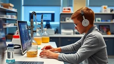A student conducting a virtual science experiment in a digital laboratory setting, surrounded by lab equipment and interactive tools, demonstrating the hands-on and immersive nature of LabLink's online science labs.