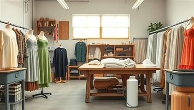 A virtual co-op workspace showcasing sustainable fashion designs on mannequins, rolls of organic fabric, and eco-friendly dyeing equipment, highlighting a collaborative and environmentally conscious fashion production hub.