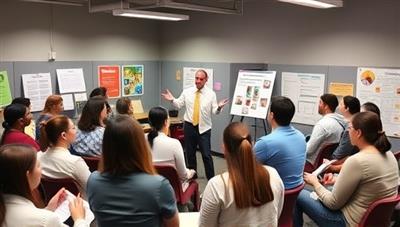 An image of a dynamic workshop setting with a presenter engaging with a diverse audience, surrounded by visual aids and interactive activities, conveying a sense of learning and empowerment.