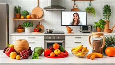 An inviting virtual kitchen setup with fresh fruits, vegetables, and healthy ingredients displayed, accompanied by a dietitian discussing nutrition plans with a client through a video call, promoting a wholesome and educational approach to nutrition and meal planning.