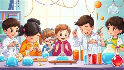 An imaginative illustration featuring a diverse group of children exploring science experiments from their monthly kits, surrounded by colorful lab equipment, test tubes, and scientific elements, capturing the sense of wonder and discovery in hands-on learning.