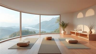 An immersive digital illustration of a serene virtual wellness retreat setting with calming nature views, yoga mats, meditation cushions, and relaxation zones, inviting users to experience tranquility, mindfulness, and rejuvenation through ZenVibe Retreats.