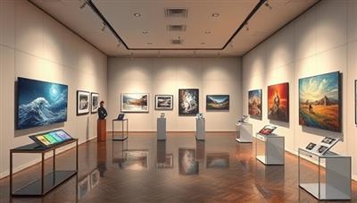 An immersive virtual art gallery setting with digital artworks displayed in a sophisticated exhibition space, accompanied by ambient music and interactive elements for viewers to explore and appreciate the diverse art pieces, capturing the elegance and creativity of the online art exhibition.