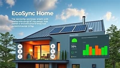 An eco-friendly smart home environment with AI devices optimizing energy usage, solar panels on the roof, and a digital energy dashboard displaying real-time savings and environmental impact, highlighting the benefits of EcoSync Home for sustainable living.