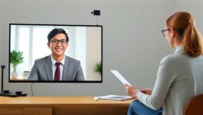 A split-screen image showing a person in professional attire engaging in a virtual interview on one side, and a career coach providing feedback and guidance on the other side, illustrating the virtual coaching process.