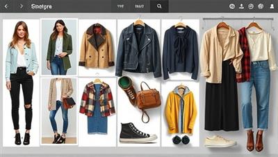 A digital collage of style mood boards, clothing items, and accessory combinations displayed on a virtual wardrobe platform, reflecting creativity and personalization in fashion styling.