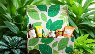 A beautifully designed subscription box adorned with green leaf motifs, filled with an array of colorful vegan beauty products against a backdrop of lush botanicals, evoking a sense of natural beauty and sustainability.