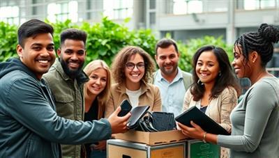 An image of a diverse group of people smiling and handing over their old electronic devices to a team of EcoCycle Tech professionals, with a backdrop of a lush green recycling facility, symbolizing sustainability and community involvement.