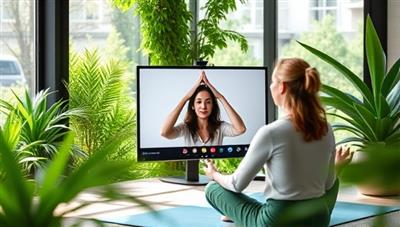 A serene virtual coaching session featuring a wellness coach guiding a client through a yoga pose via video call, surrounded by calming greenery and natural light, promoting relaxation and mindfulness.