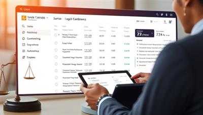 An image of a digital dashboard displaying legal compliance tasks, upcoming deadlines, and notifications, with a business owner reviewing the checklist on a tablet, surrounded by legal symbols like gavels and scales, symbolizing organized legal management.