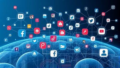 An artistic representation of a digital landscape with interconnected social media icons and personal branding elements, symbolizing the interconnected nature of personal branding in the online world.