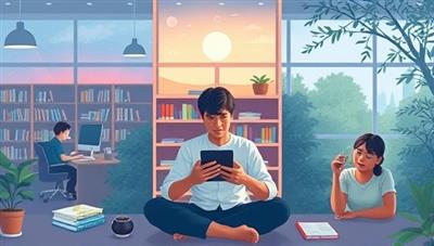 An artistic visualization of students using the ZenScholar app in different settings, such as a library, dorm room, or outdoor study space, surrounded by calming visuals and nature sounds, illustrating the app's calming and focus-enhancing features for student well-being.
