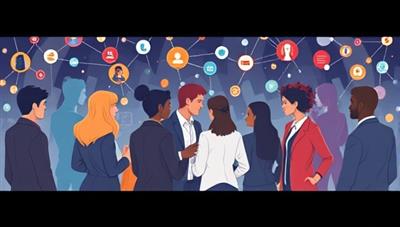 An artistic representation of a diverse group of professionals with specialized skills mingling together in a digital space, symbolizing the unique networking opportunities offered by the SkillMingle platform.