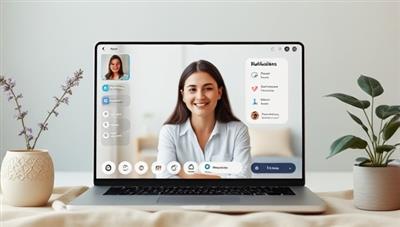 A serene virtual coaching session setting with a calming background, a compassionate mental health coach providing guidance and support to a client via video call, with relaxation tools and wellness resources visible on the screen, promoting a safe and nurturing space for mental well-being at MindfulWell.