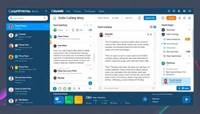 An interactive workspace screen displaying CollabWriteHub's platform interface with multiple users editing a collaborative story, real-time chat functions, project progress trackers, and colorful visual elements, illustrating the dynamic and cooperative nature of creative collaboration on the platform.