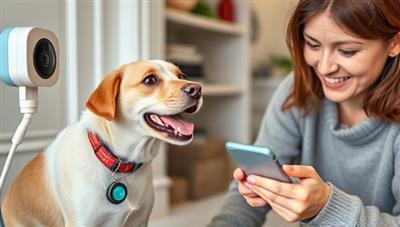 An adorable pet interacting with a pet monitoring camera or wearing a health tracking device, with a content pet owner watching remotely on a smartphone, highlighting the convenience and peace of mind provided by Pet Tech Care and Monitoring Service.