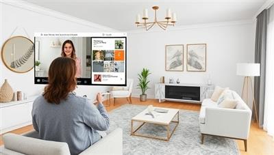 A virtual interior design setup featuring a designer presenting a digital mood board to a client via video call, with furniture and decor items virtually placed in a room rendering, illustrating the collaborative and innovative approach of VirtualNest Designs.