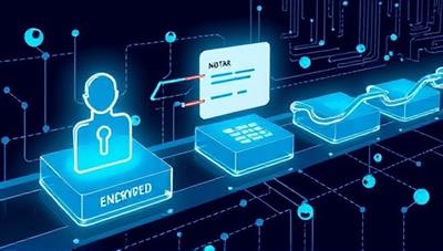 An illustrative representation of the IdentityGuard Blockchain platform showing a secure digital identity verification process, with encrypted data blocks being added to a chain, symbolizing transparency and security in identity management through blockchain technology.