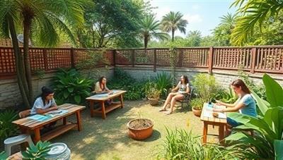 A serene virtual garden oasis with participants engaging in sustainable living workshops, upcycling projects, and eco-conscious lifestyle activities, reflecting the harmony between nature and humanity at GreenLife Academy.