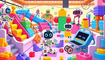 A colorful digital playground filled with coding blocks, robots, and interactive coding challenges, populated by diverse cartoon characters and young coders collaborating on virtual projects, sparking creativity and learning in a tech-savvy environment.
