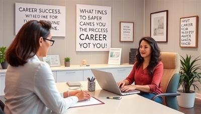 An inspiring virtual office space with a virtual career coach providing guidance to a professional client, surrounded by motivational quotes and career success visuals, conveying a supportive and empowering atmosphere.