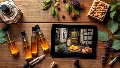 An elegant flat lay image featuring a collection of glass perfume vials, droppers, and aromatic botanicals arranged on a wooden table, with a digital tablet displaying a virtual fragrance session in progress, exuding sophistication and creativity in scent creation.