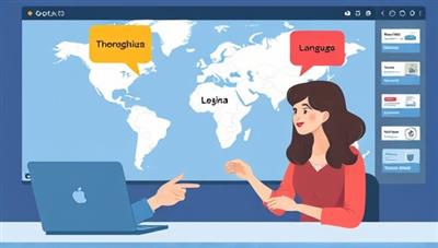 An illustration of two individuals engaging in a virtual language learning session, with speech bubbles in different languages, a world map in the background, and a digital interface displaying study materials, conveying a dynamic and interactive learning experience.