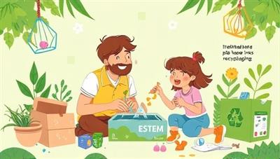 An eco-friendly and vibrant illustration showcasing a family joyfully engaged in a STEM project from the EcoSTEM Explorers subscription box, surrounded by sustainable materials, plant-based inks, and recyclable packaging, emphasizing the educational and environmentally conscious values of the brand.