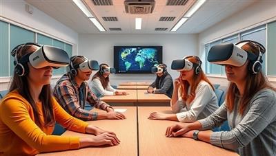An immersive virtual classroom environment featuring students wearing VR headsets and engaging in a collaborative learning activity, symbolizing the interactive and engaging educational experiences offered by VirtuLearn Academy's virtual reality platform.