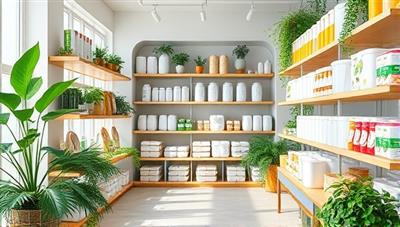 A modern, bright store interior with shelves filled with refillable containers of various sizes, accompanied by lush green plants and eco-friendly product displays, evoking a fresh and sustainable shopping experience.